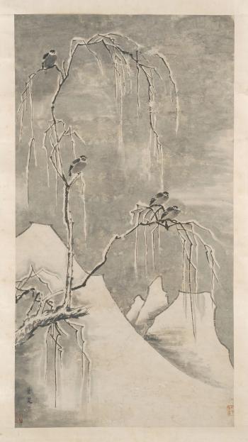 Birds on snow-covered tree branches with distant hills by 
																	 Xiao Zhao