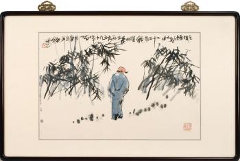 Scholar dressed in a blue robe and standing in a forest of bamboo by 
																	 Qiu Shiming