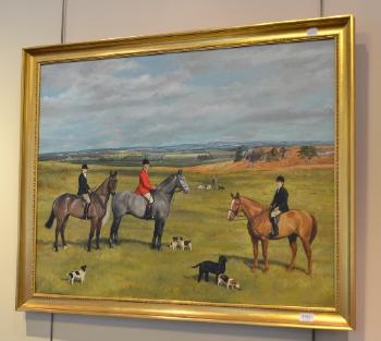 A huntsman with other figures on horseback in a Northumberland landscape by 
																	Leesa Sandys-Lumsdaine