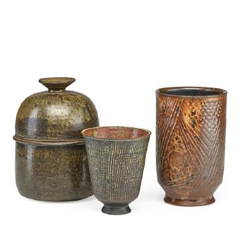 Footed Sgraffito Coupe, Sgraffito Vase, And Lidded Bowl by 
																	Marguerite Friedlander Wildenhain