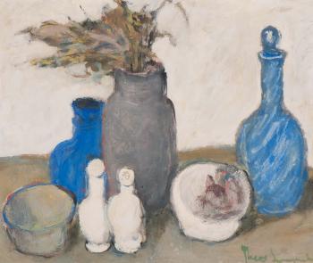Still life with bowls, bottles and vases by 
																	Theo Swagemakers