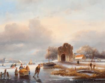 Skaters and sleigh near a ruined tower by 
																	Johannes Petrus van Velzen