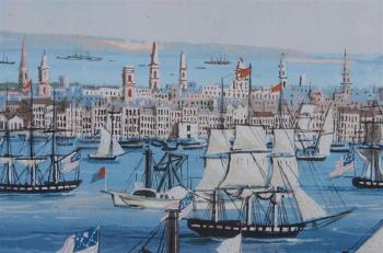 Ships in harbor off of Manhattan by 
																			Nicolino Calyo