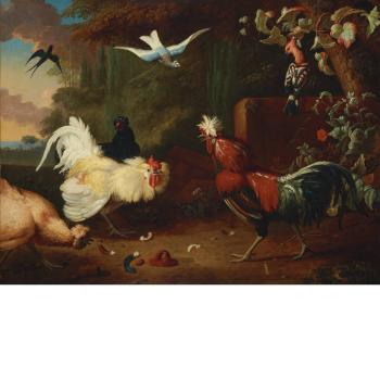 Two Cocks Fighting, with Hens, a Swallow and Two Exotic Birds in a Wooded Landscape by 
																	Adriaen van Oolen