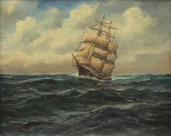 Three mast barque on the open sea by 
																	Alfred Gabali