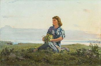Coastal scene, woman collecting wild flowers, thought to be artist's wife by 
																	Grigori Agasyan