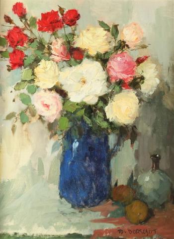 Still life with blue vase and roses by 
																	Dorus van Oorschot