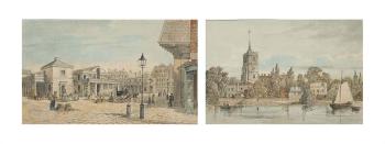 Views of London and its environs: Covent Garden Market; The Speaker's House, Westminster; Bow Church, Cheapside; Battersea Bridge; Old Fulham Church; and Kingston Bridge, Surrey (two illustrated) by 
																	William Henry Prior
