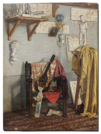 Interior scene with mandolin, clarinet and scattered antiquities by 
																			Vicente Campesino y Mingo