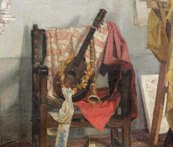 Interior scene with mandolin, clarinet and scattered antiquities by 
																			Vicente Campesino y Mingo