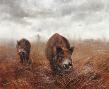 Wild pigs in a landscape by 
																			Leon Frias