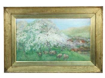 Sheep in an orchard with May blosson by 
																			Alice Macallan Swan