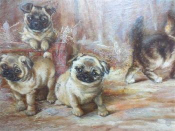 Three and away - a study of three pug puppies and a kitten by 
																			Ada E Tucker