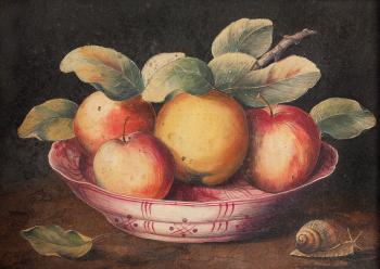 Natura morta con piatto di frutta e chicciola by 
																	Giovanna Garzoni