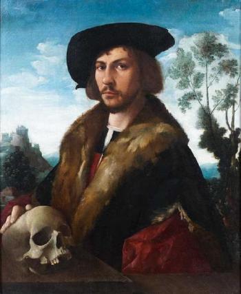 Portrait d’homme en buste la main posée sur un crâne devant un paysage by 
																	Dirck Jacobsz van Amsterdam