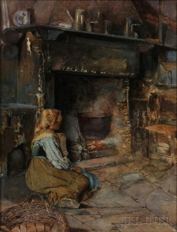 Peasant woman seated by a kitchen fireplace by 
																	Augusto Daini