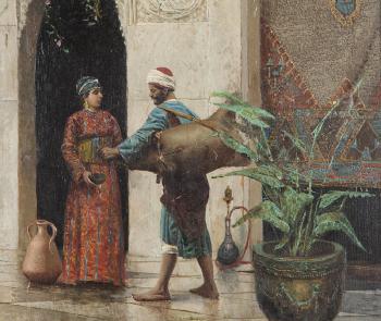Figures in an Oriental courtyard by 
																			Alberto Fabbi