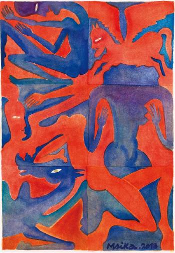 Cadavre esquis bleu sur fond rouge by 
																	Jean Loup Msika
