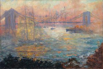 Shipping around a bridge at sunset by 
																	Mary Lizzie Macomber