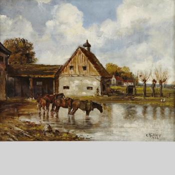 Horses cooling their feet after a day of plowing by 
																			Charles Edward Tulley