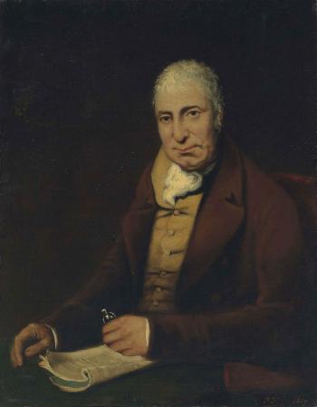 Portrait of gentleman, seated half length at a table, wearing a brown coat, mustard waistcoat and stock, holding his spectacles, with a magazine by 
																	Benjamin Duterreau