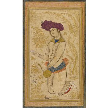 A Drawing Of a Kneeling Youth Holding a Cup And Bottle by 
																	Riza-i Abbasi