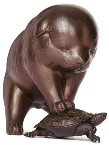 A bronze model of a puppy playing with a turtle by 
																	 Ryuki