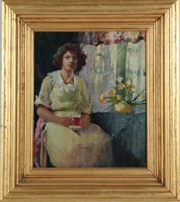 Lady in interior with spring flowers by 
																			Clark Greenwood Voorhees