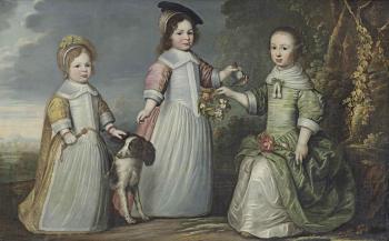Group portrait of Antonius, Henricus and Agnes Norff, full-length, in a yellow, a pink and a green dress, with a dog and a goldfinch, in a wooded landscape by 
																	Lucas van de Kaey