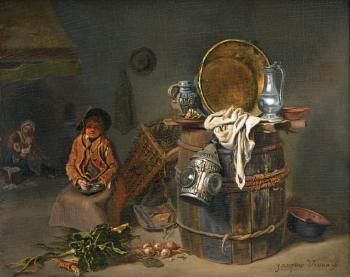 Intérieur de cuisine avec un jeune garçon et une jeune femme by 
																	Jacques Voison