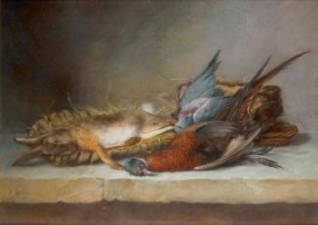 Nature morte de chasse au lapin, faisan et au pigeon by 
																	Antoine Ferdinand Attendu