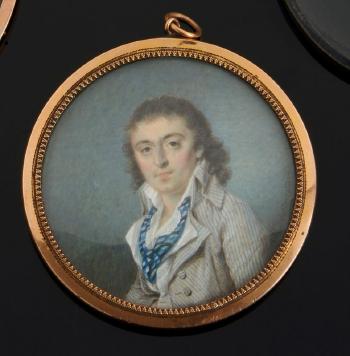 Homme en habit gris rayé chemise entrouverte et foulard bleu by 
																	Marie Therese Noireserre