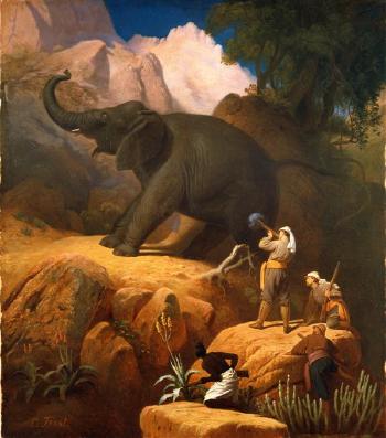 Le duc Ernst II von Sachsen-Coburg-Gotha chassant les éléphants dans la vallée de Ras Daschein en Ethiopie by 
																	Carl Trost