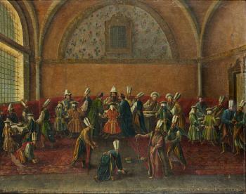 L'audience d'un ambassadeur par le sultan. Le diner offert par le Grand Vizir à l'ambassadeur by 
																			Jan Baptiste Vanmour