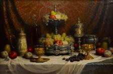 Still Life Bowl of Fruit with Tankard and Goblet on Table by 
																	John Friedlinger