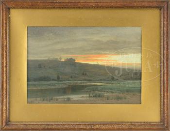 Sunset over hill & water by 
																	Henry Farrer