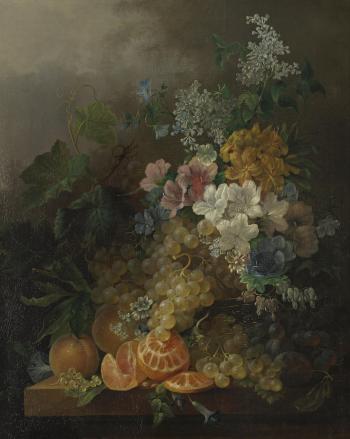 A still life with flowers, peaches, grapes and a peeled orange, all resting on a table by 
																	Jan van der Waarden