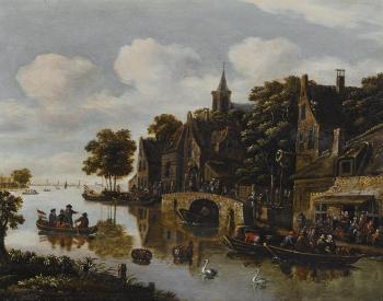 A river landscape with a village in the foreground and figures drinking outside an inn by 
																	E Ruytenbach