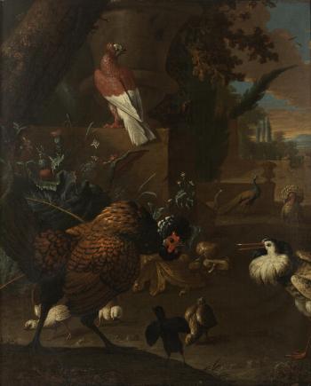 A turkey, a pigeon, a peafowl, a ruff and a chicken with chicks in a park by 
																	Adriaen van Oolen
