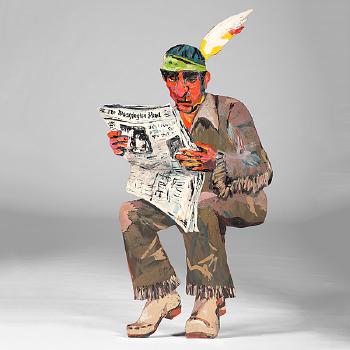 Seated Native American gentleman reading the Wahington Post by 
																			Audrey Roll-Preissler