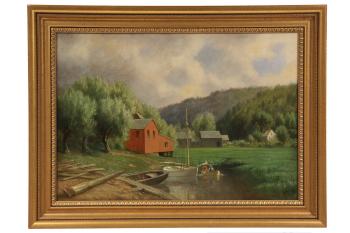 Connecticut farm with boats in river by 
																			George Edward Candee