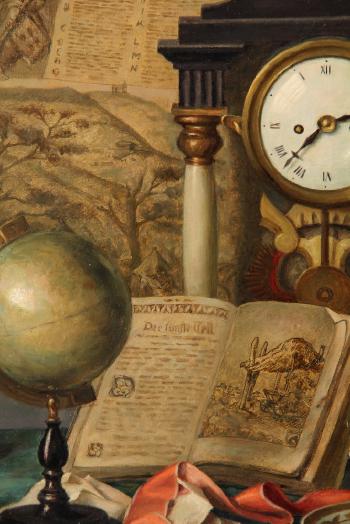 Still life with clock, tea cup, globe & book by 
																			Franz Krischke