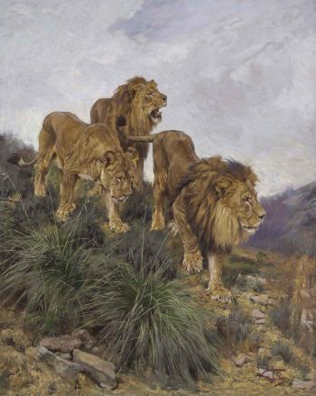 Three Lions Walking Down a Rocky Hillside by 
																	Geza Vastagh
