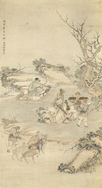 Hehe twins with bat and toad. Figures and goats in landscape by 
																			 Xie Ming