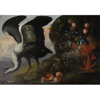 A heron with a basket of grapes, red currants and other fruits beside a river. A parrot with roses, narcissi and other flowers in a vase by 
																			Angolo Zani di Pisa