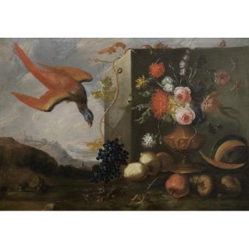 A heron with a basket of grapes, red currants and other fruits beside a river. A parrot with roses, narcissi and other flowers in a vase by 
																			Angolo Zani di Pisa