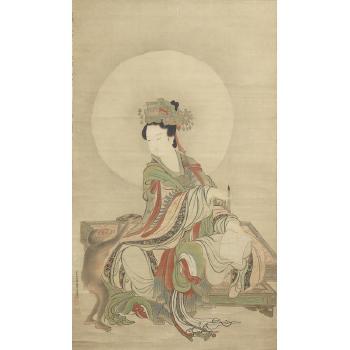 Suiyosei (Star deity) seated on a throne with elaborate robes and headdress, holding a brush in her right hand while to her right, a small monkey holds up an ink stone by 
																			Kano Tanyu