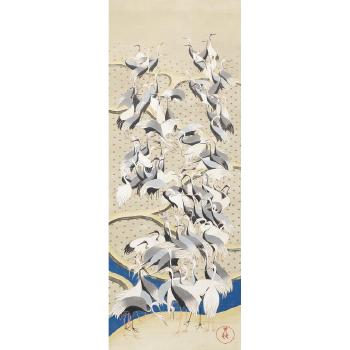 One hundred cranes standing over rice fields. One hundred turtles crossing a river by 
																			Ichikawa Kiyu