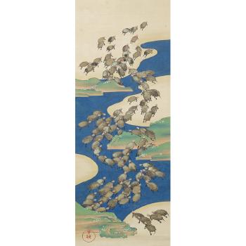 One hundred cranes standing over rice fields. One hundred turtles crossing a river by 
																			Ichikawa Kiyu