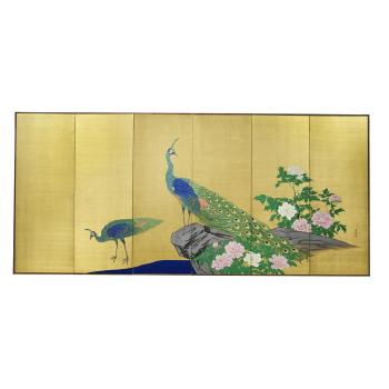 Flamboyant peacock and peahen perched on rocks. Mandarin ducks beneath overarching branches of maple by 
																			Tada Kochu